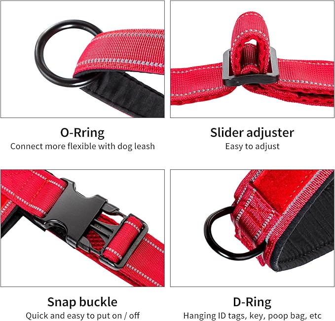 Annchwool No Pull Dog Harness with Padded Handle+5 Ft Leash,Reflective Strip Escape Proof and Quick Fit to Adjust Dog Harness,Easy for Training Walking for Small & Medium and Large Dogs(Red-Set,L)