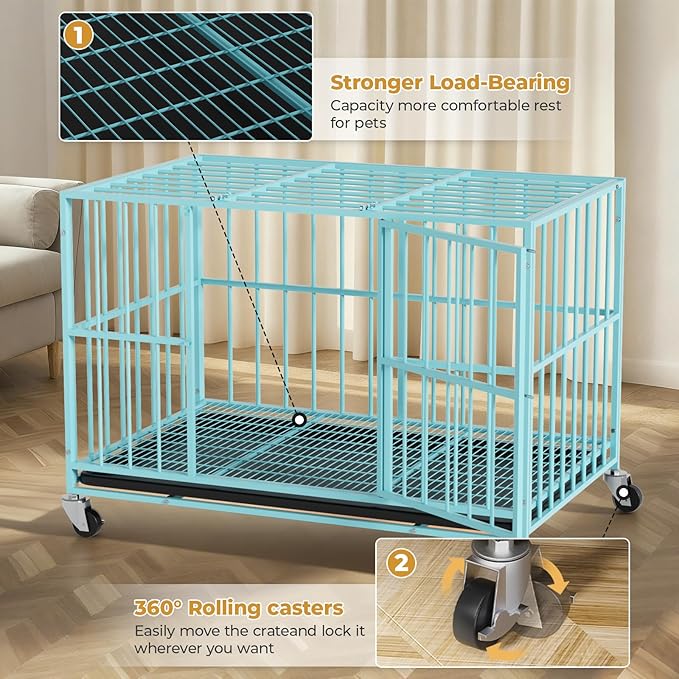 48 in Blue Heavy Duty Dog Crate Steel Escape Proof, Indoor Double Doors and Lockable Wheels,Removable Tray, for Extra Dog Breeds,XL,XXL