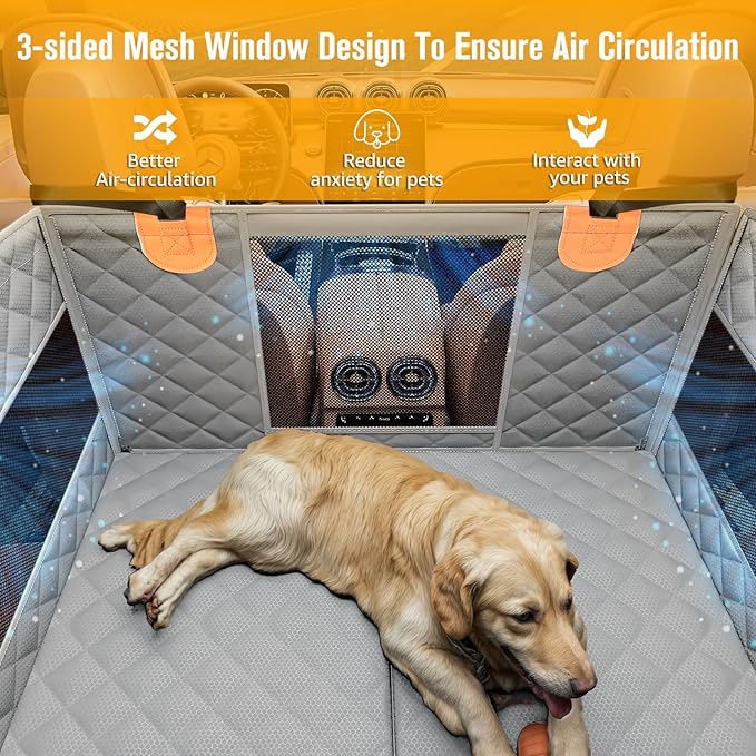 PETICON Large Dog Car Seat, Back Seat Extender for Dogs with 3 Mesh Windows, Waterproof Medium Carseat for Dogs with Hard Bottom, Pet Seat Cover for Cars, Trucks and SUVs (Gray)