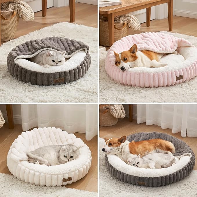Cat Bed with Hooded Blanket, Round Fluffy Anti-Anxiety Pet Bed for Cats/Small Dogs, Cozy Donut Cuddler with Machine Washable Faux Fur & Anti-Slip Bottom(23"×23"×6",Cream)