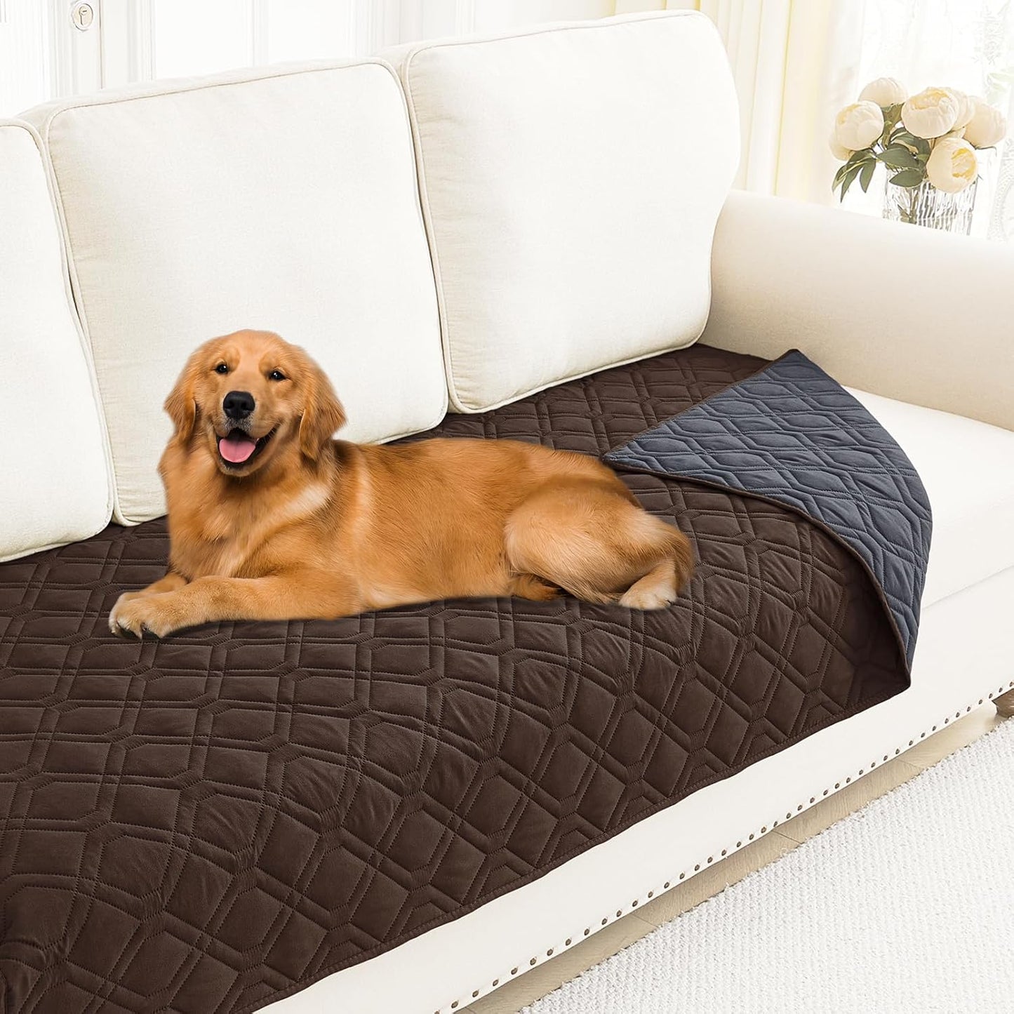 Smiry Waterproof Dog Blanket, 30x70 Inch Soft Pet Bed Cover Reversible, Washable Sofa Couch Furniture Protector for Small Medium Large Dog Puppy Cat, Geometric, Chocolate/Dark Grey