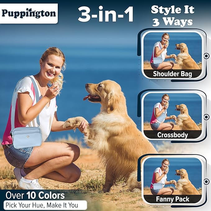 Puppington 3-in-1 Crossbody Dog Walking Bag & Treat Pouch with Matching Planet Safe Poop Bags & Built-In Dispenser - Dog Mom Gift for Puppy Training with Zippered Pockets (Ice Blue)