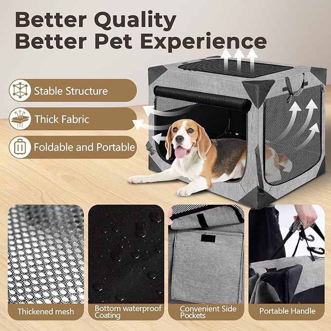 Dog Crate, Collapsible Soft Travel Crate for Large Dogs (3 Year Warranty), Indoor & Outdoor Portable Pet Kennel with Chew-Proof Mesh Window (Dark Gray, 30" L x 21" W x 21" H)