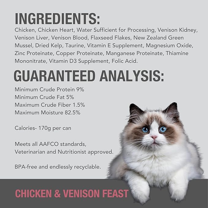 Feline Natural New Zealand Canned Catfood Wet Food, High-Meat, Low-Carb, & Grain Free Cat Food Wet, Chicken & Venison Feast, 6 oz, Pack of 12