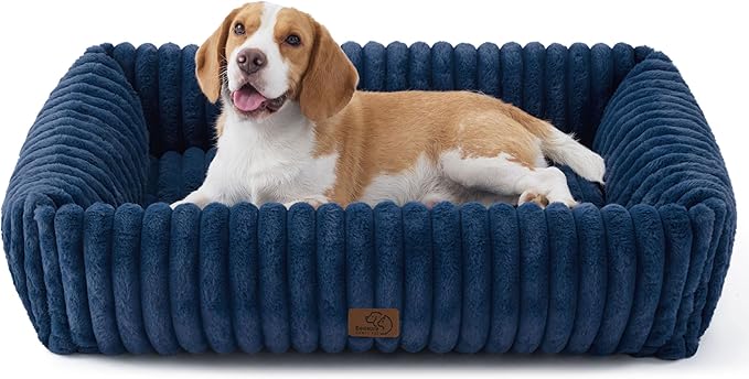 Bedsure Cute Dog Beds Large Sized Dog - Washable Furry Pet Beds, Rectangle Orthopedic Corduroy Fleece Puppy Beds with Removable Zipper Cover, 36x27x8 inches,Night Blue
