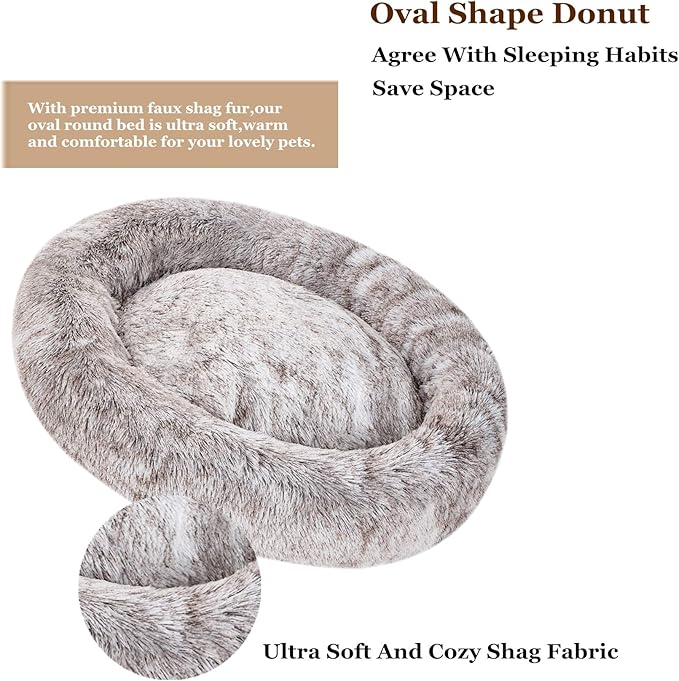 Coohom Oval Calming Donut Cuddler Dog Bed,Shag Faux Fur Cat Bed Washable Round Pillow Pet Bed(30"/36"/43") for Small Medium Dogs (L(30"x24"x8"),Light Brown)