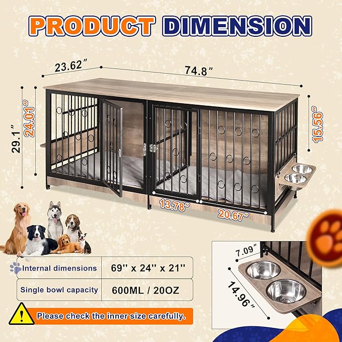 75'' Dog Crate Furniture Large Storage TV Stand with Dual Cushion / 4 Bowls/Double Rooms, Wooden Dog Kennel Dog Crate End Table with Removable Divider for Large Medium Dogs, Greige