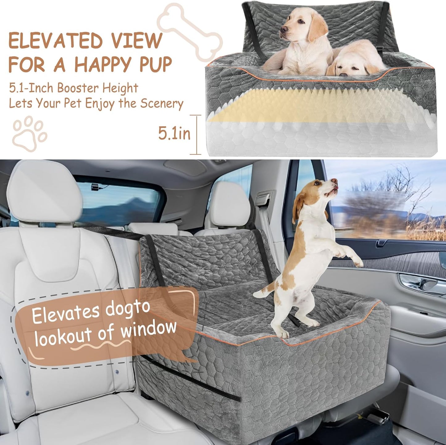 Dog Booster Seat for Larger & Medium Dogs – Comfortable Dog Car Bed with Washable Cover and Storage Pockets for Pets Up to 60lbs (Gray)