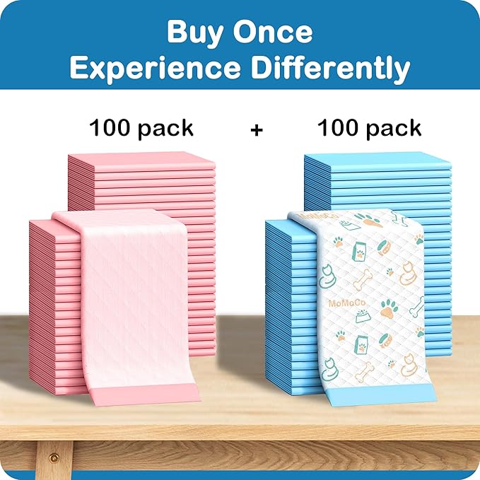 MoMoCo Value Pack Puppy Training Pads 23"x23", 200 Count (Pattern100 + Pink100) – Leak-Proof & Super Absorbent Potty Pads for Small Dogs, Cats & Rabbits