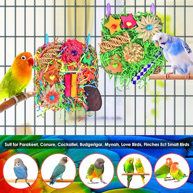 KATUMO Bird Toys - Parrot Grass Mat Foraging Wall Toys Shredder for Cockatiel, Conure, Lovebird, Budgie, Parakeet - Small Medium Birds
