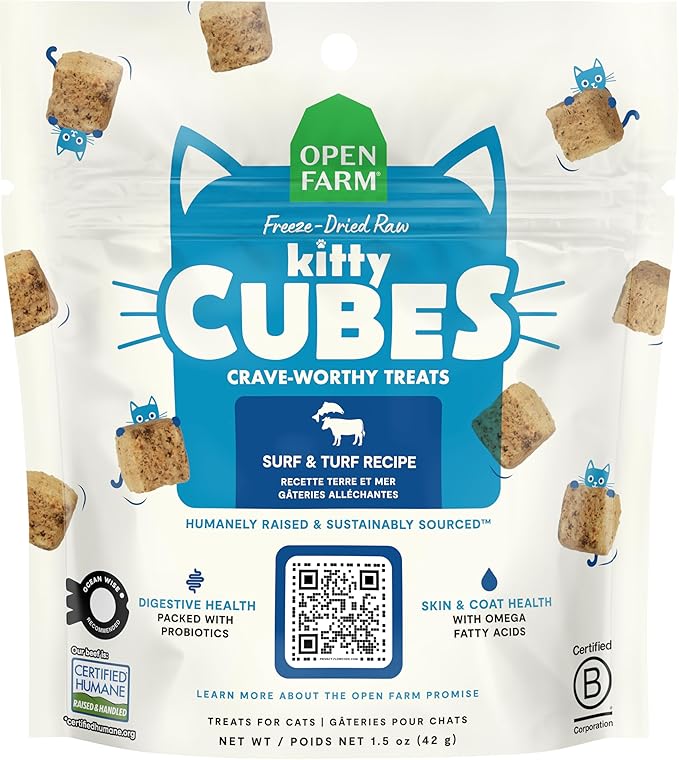 Open Farm, Kitty Cubes, Freeze Dried Raw Cat Treats, Grain-Free, High-Protein Cat Treat with Probiotics, Omega Fatty Acids & Superfoods, Surf & Turf Recipe, 1.5oz Bag