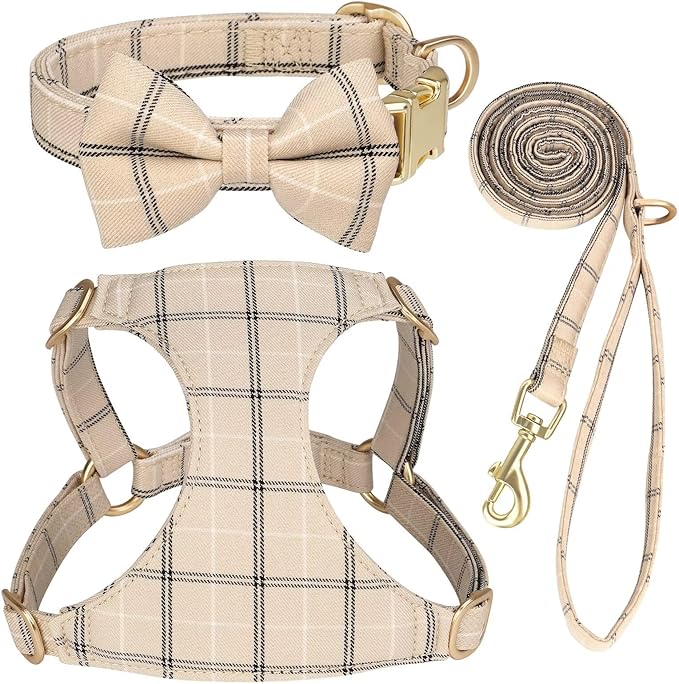 Beirui Cute Extra Small Dog Harness Collar and Leash Set with Bowtie, Soft Adjustable Plaid Puppy Harness for Small Sized Dogs Cats Walks Parties and Photoshoots(Beige,XS:Chest 13-18")