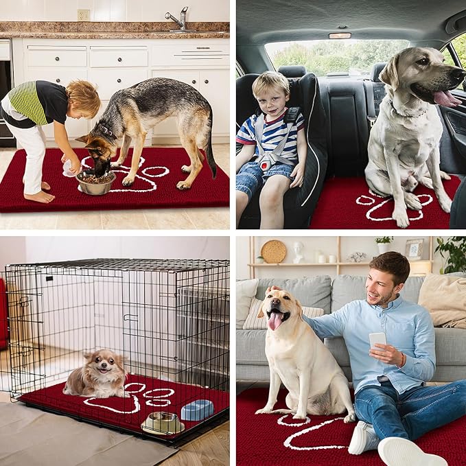 Smiry Dog Door Mat for Muddy Paws, Absorbent Dirt Trapper Non Slip Quick Dry Washable Chenille Mat for Mud Dogs, Entry Rug for Indoor and Outdoor (48x30 Inches, Red)