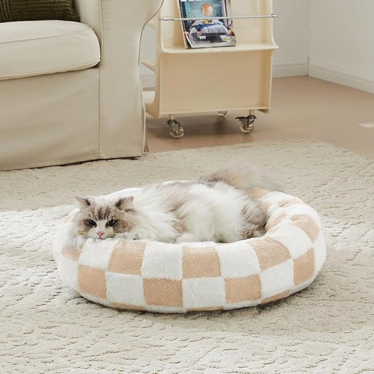 Checkered Cat Dog Bed, Cute Beige Khaki Retro Style Aesthetic Round Warming Pet Calming Beds for Small Dog and Cats, Plush Cozy Donut Beds Washable, 23" L x 23" W x 8" Th