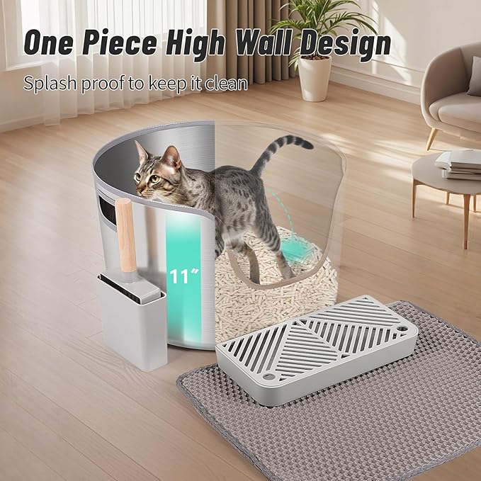 Stainless Steel Litter Box, 17.4” x 11" Large Round High Sided Metal Cat Litter Box Tray with Scoop, Filter Pedal & Litter Mat, Non-Sticky, Non-Odor, Easy Cleaning