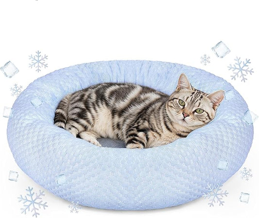 Small Donut Dog Bed - Cooling Calming Cuddler for Cats & Puppies, Anti-Anxiety Ice Fabric Round Pet Bed, Washable Comfort Dog Bed for Small Dogs, Egg Tart Design (S)