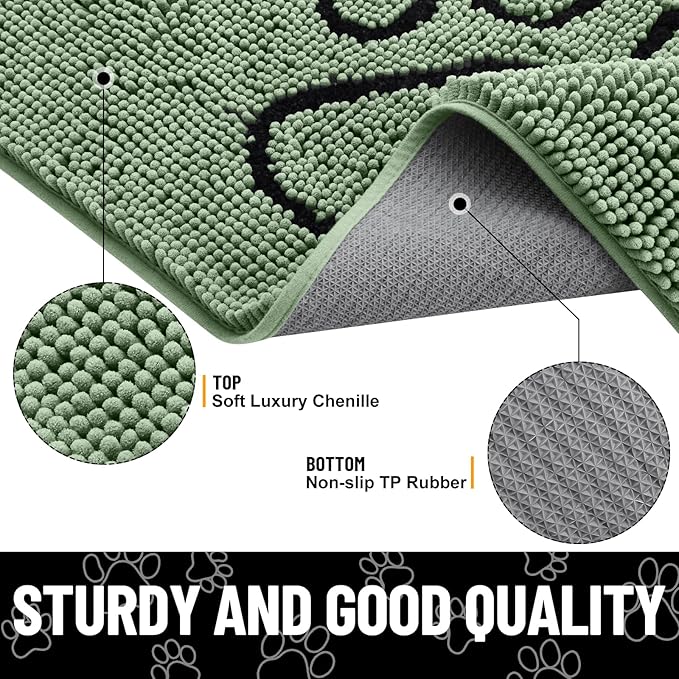 Smiry Dog Door Mat for Muddy Paws, Absorbent Dirt Trapper Non Slip Quick Dry Washable Chenille Mat for Mud Dogs, Entry Rug for Indoor and Outdoor (36x24 Inches, Olive Green and Black)