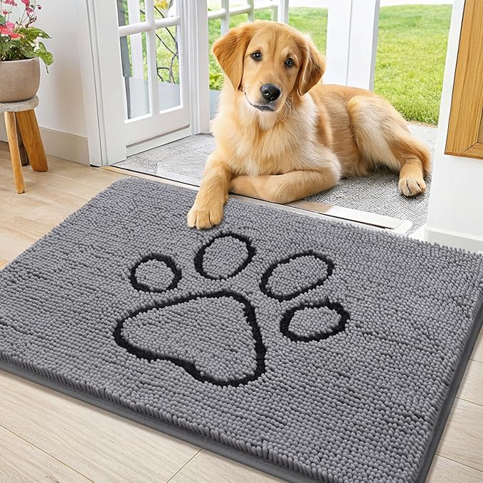 Smiry Dog Door Mat for Muddy Paws, Absorbent Dirt Trapper Non Slip Quick Dry Washable Chenille Mat for Mud Dogs, Entry Rug for Indoor and Outdoor (34x21 Inches, Grey and Black)