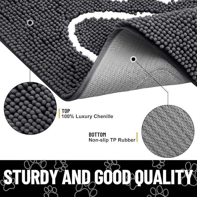 Smiry Dog Door Mat for Muddy Paws, Absorbent Dirt Trapper Non Slip Quick Dry Washable Chenille Mat for Mud Dogs, Entry Rug for Indoor and Outdoor (36x24 Inches, Dark Grey and White)