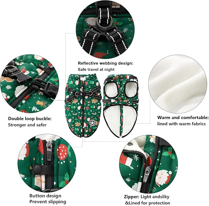 Aiboria Dog Jackets for Winter Windproof Waterproof Vest Fleece Warm Dogs Coat with Belt Christmas Green S