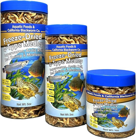 Aquatic Foods Inc. 4-Type Medley Mix of Freeze Dried Superworms, Krill, Red Shrimp, Mealworms for Monster Fish, Reptiles, Turtles, Tortoises, Frogs, Hamsters, Birds, Rodents 1oz Canister
