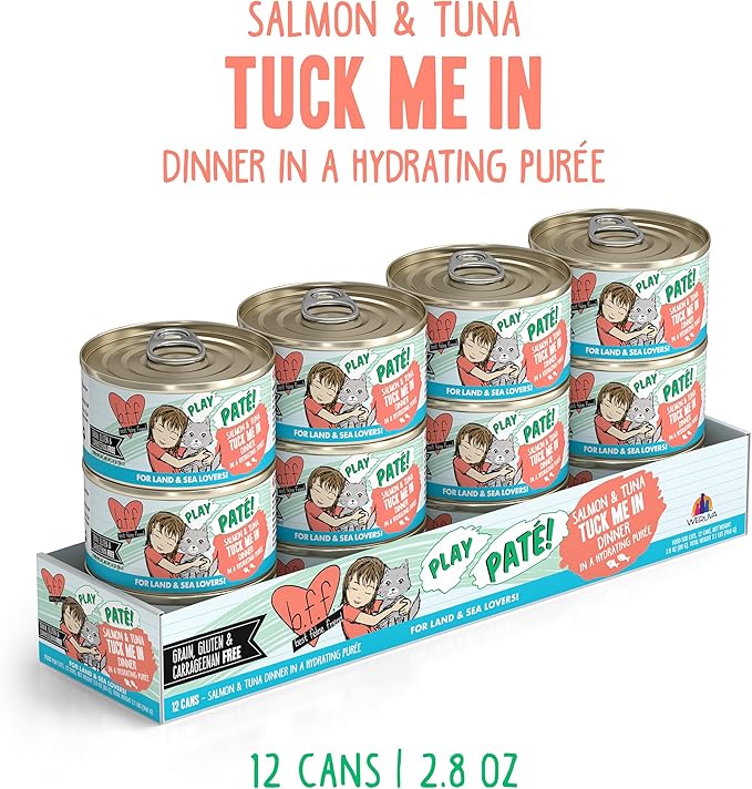 Weruva B.F.F. Play - Best Feline Friend Paté Lovers, Aw Yeah!, Salmon & Tuna Tuck Me in with Salmon & Tuna, 2.8oz Can (Pack of 12)