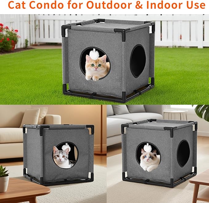 2-Story Cat House for Indoor Cats - Large Cat Cave Bed with Soft Velvet Pad and Fluffy Ball，Stable and Easy to Assemble Kitty Fort, Muti-Functional Cat Condo， Grey
