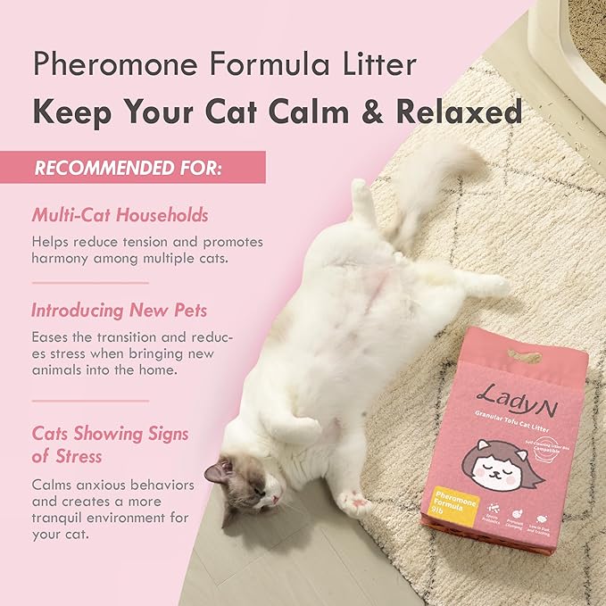 Lady N Cat Attract Tofu Litter – Natural Attractant Formula for Litter Box Training, Calming Pheromone for Multi-Cat Homes, Granular Mini-Pellet Shape for Self-Cleaning Box, 9lb