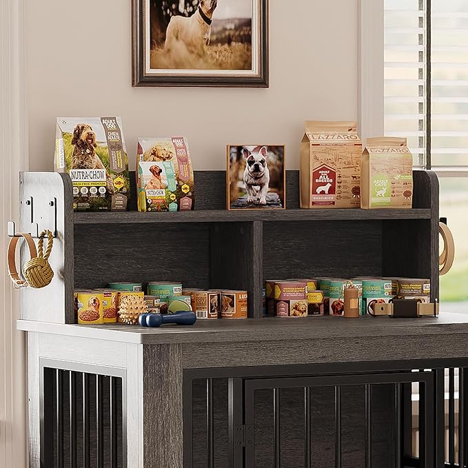 IRONCK Dog Crate Furniture, 33.4 inches Wooden Small Dog Crate with Storage and 4 Hooks, Heavy Duty Pet Crate for Small Dog, Decorative Pet Cage for Indoor (22" L x 33.4" W x 37.4" H)