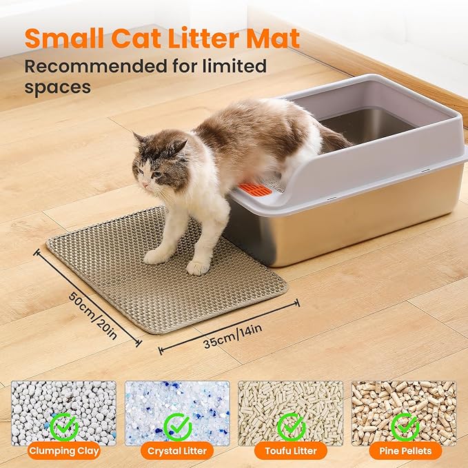 Small Cat Litter Mat, 20x14’’ Double Layer Honeycomb Cat Litter Box Mat, Non Slip Waterproof Urine Proof Litter Trapping Mat for Floor, Kitty Litter Pad, Indoor Pet Supplies, Beige