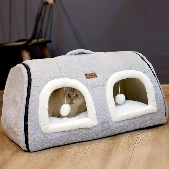 Cat Bed for Indoor Cats，Foldable cat cave，Anti-Slip & Water-Resistant Bottom，cat Houses for Indoor Cats or Small Dogs, Kitten Tent, Rabbit Double Hole Bed:(27.5"×15.3"×15.3"