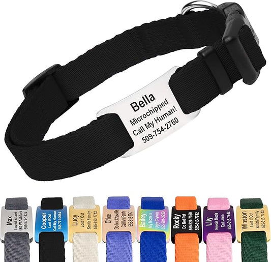 GoTags Personalized Dog Collar with Nameplate, Adjustable Dog Collar with Custom Engraved Slide On Pet ID Tag in Stainless Steel, Silent, No Noise Dog Tag for Large Medium and Small (Black, Small)