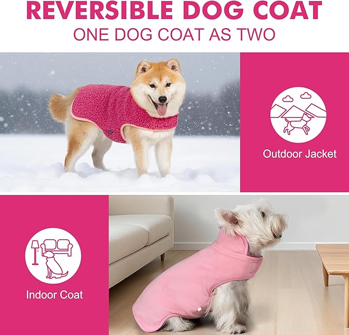 cyeollo 3XL Warm Dog Coat, Fleece Winter Coats Sherpa Reversible Dog Jacket Soft Doggy Sweater with Leash Hole for Large Dogs Soft Pet Coats for Cold Weather, Fuchsia XXXL