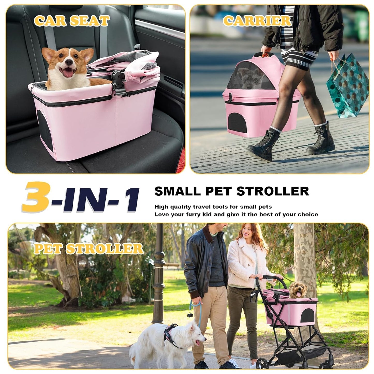 Pet Stroller for Small/Medium Dogs Cats Up to 33lbs, 3 in 1 Foldable Dog Stroller, Car Seat, Detachable Carrier with Anti-Scratch Mesh, Seat Belts, Comfort Cushions - Pink