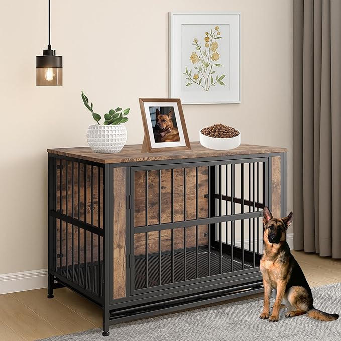 Rustic Large Dog Cage Furniture, Brown Wooden Dog Crate Kennel Furniture, Decorative Dog House Indoor End Table for Small Medium Large Dog