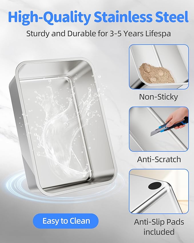 Stainless Steel Litter Box Set- [6-in-1] Extra Large Cat Litter Box with Pedal, Mat, Scoop, Brush, Wands, Non-Sticky Metal Litter Box for Cat, Kitt, Odorless, Easy Clean (23.6"x15.7"x8", 2 Pack)