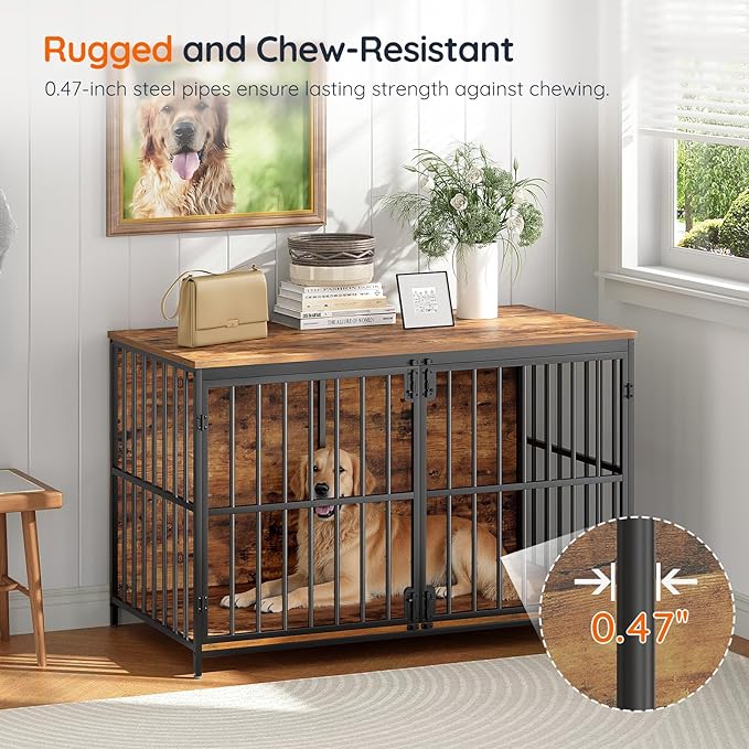 HOOBRO 46.5" Large Dog Crate Furniture, Wooden Dog Kennel Indoor, Heavy Duty Dog Cage for Large/Medium Dog, Decorative Side End Table, Rustic Brown and Black BF120GW03