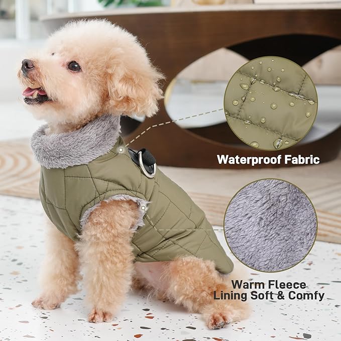 Warm Fleece Dog Coats with Durable Harness Buitl in D-Ring,Waterproof Puppy Jacket for Small Dogs,Dog Vest for Cold Winter,Green S