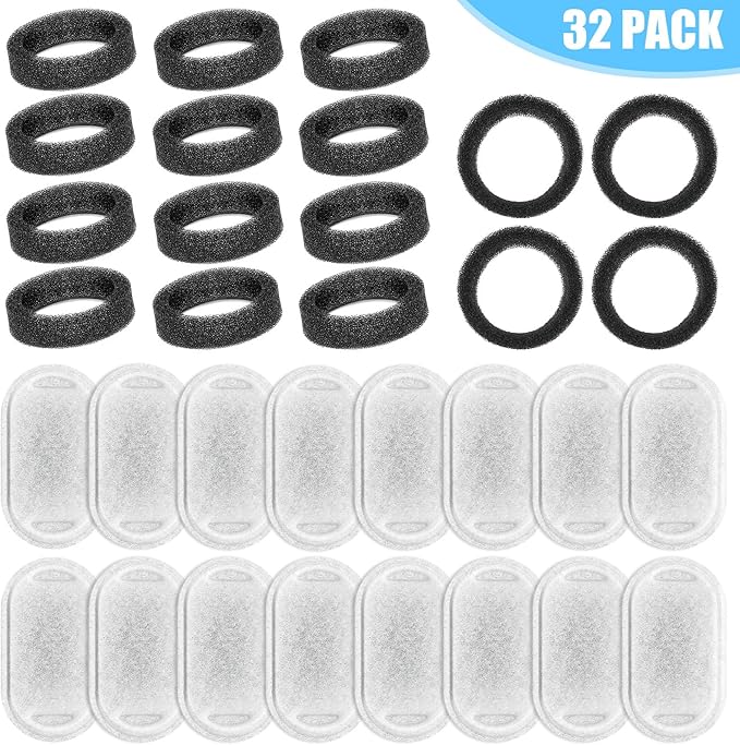 Cat Water Fountain Filters Replacement, 16 Pcs Pet Water Fountain Filter with 16 Pcs Foam Sponges for 67oz/2L & 108oz/3.2L Stainless Steel Pet Cat Water Fountain Dispenser Filters