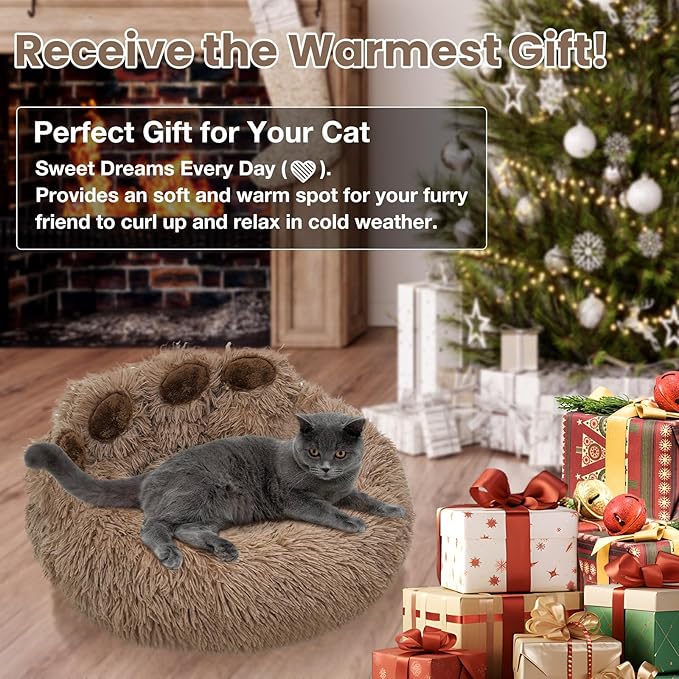 Calming Dog Bed Cat Bed Medium Size Dog - Donut Washable Medium Pet Bed, Warm Kitten Nest 24 inches Anti-Slip Round Fluffy Plush Faux Fur Cat Bed, Fits up to 25 lbs Pets, (Classic Camel)