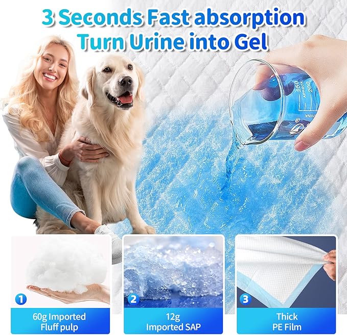 Upgrade Leak-Proof Pet Training and Puppy Pads, Jumbo Pee Pads for Dogs with Thicken Polymer Heavy Absorbency, Quick Dry Disposable Pee Pads for Cats Dogs - 50 Counts