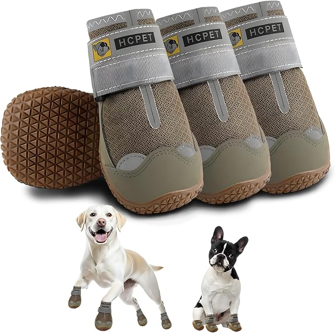 Hcpet Dog Shoes for Large Dogs, Breathable Dog Booties for Small Medium Dogs, Anti-Slip Dog Boots & Paw Protectors for Hot Pavement Winter Snow Hiking with Reflective Straps Army Green Size 3