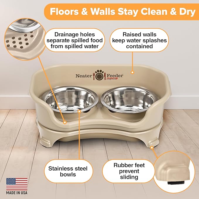 Neater Feeder Express Mess Proof Dog Bowls Elevated for Small Breeds Under 15 Lb, Made in USA, No Spill Raised Dog Food Bowl Stand, Stainless Steel Food and Water Bowl Set, Feeding Station, Almond