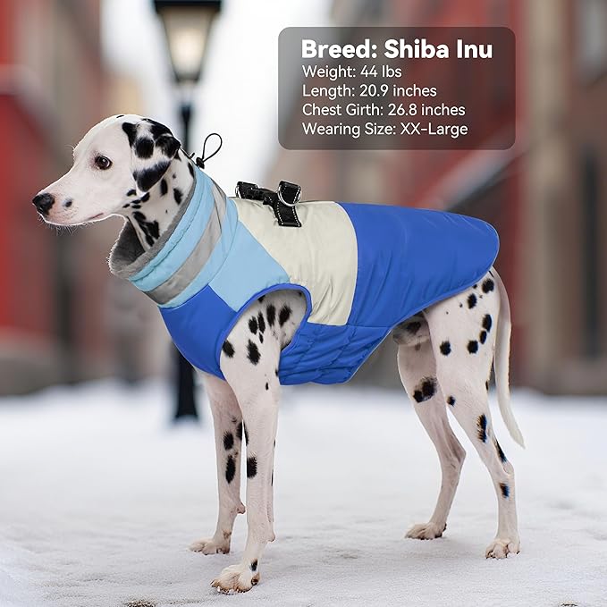 Dog Coats for Large Dogs, Reflective Dog Winter Coat Waterproof Windproof Clothes, Warm Cold Weather Dogs Jacket with Harness Built in Turtleneck Snowsuit, Blue XXX-Large
