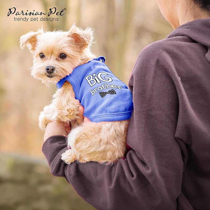 Parisian Pet Dog T-Shirt with Embroidered ' Big Brother ' Words - 100% Cotton, Big Brother Dog Shirt - Sleeveless Pet Vest - Machine Washable Blue Shirts for Large Dogs, XL