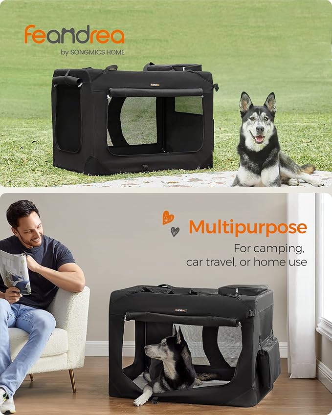Feandrea 36 Inches Collapsible Soft Dog Crate, Portable Travel Dog Crate for Indoor and Outdoor Use, Dog Carrier Kennel with Safety Zippers, for Living Room, Car, Travelling, Camping, Black UPDC90H
