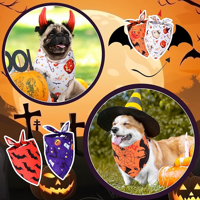 Kigeli 100 Pack Halloween Dog Bandanas Adjustable Triangle Bibs Scarf Ghost Halloween Pumpkin Spider Web Pet Bandanas Costumes Holiday Accessories for Large Medium Small Dog Puppy Cat(Large)