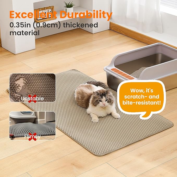 Jumbo Cat Litter Mat, 46x26 Inches Double Layer Honeycomb Litter Trapping Mat, Non Slip Waterproof Urine Proof Extra Large Cat Litter Box Mat, Kitten Supplies and Essentials, XXL, Beige