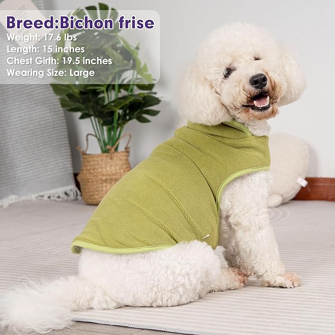 cyeollo Warm Dog Coat Fleece Sherpa Winter Sweater Coats, Turtleneck Dog Jacket Vest for Small Medium Large Dogs with Leash Hole, Soft Reversible Pet Coats for Cold Weather, Green, S