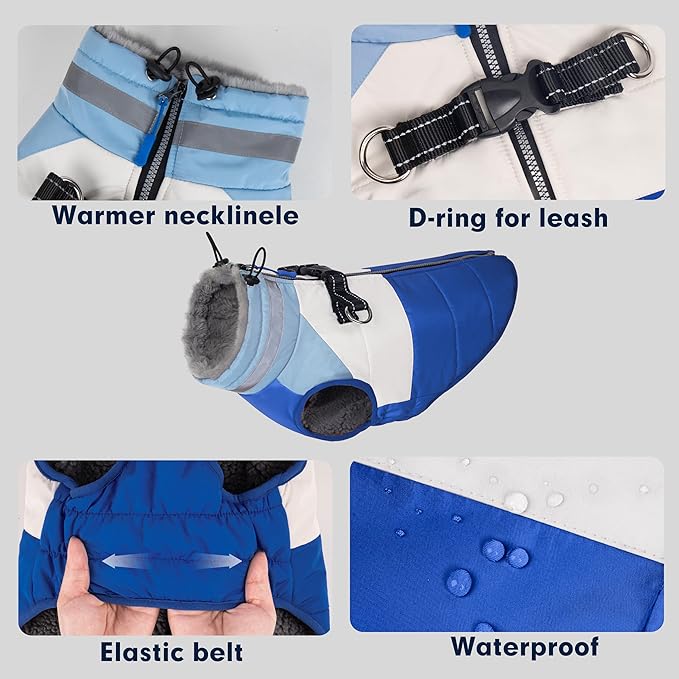 azuza Dog Jacket Waterproof Winter Coat for Small Dogs, Warm Fleece Vest with Reflective Strips & Built-in Harness, Windproof Back Zipper, Blue S